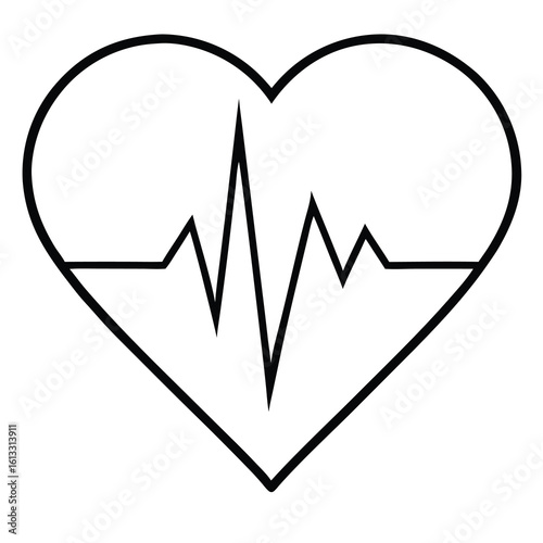 Black and white line drawing of a heart with a cardiogram pulse line heartbeat electrocardiogram