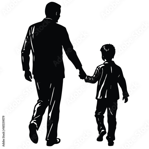 Black silhouette of father and son walking hand in hand family
