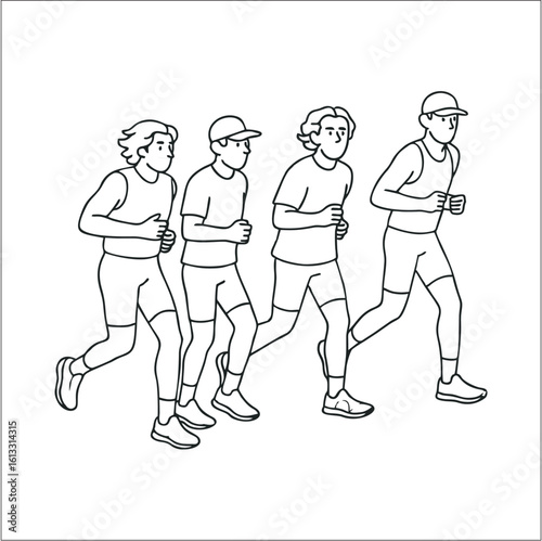 Four men jogging together in a line, showcasing athleticism and camaraderie.