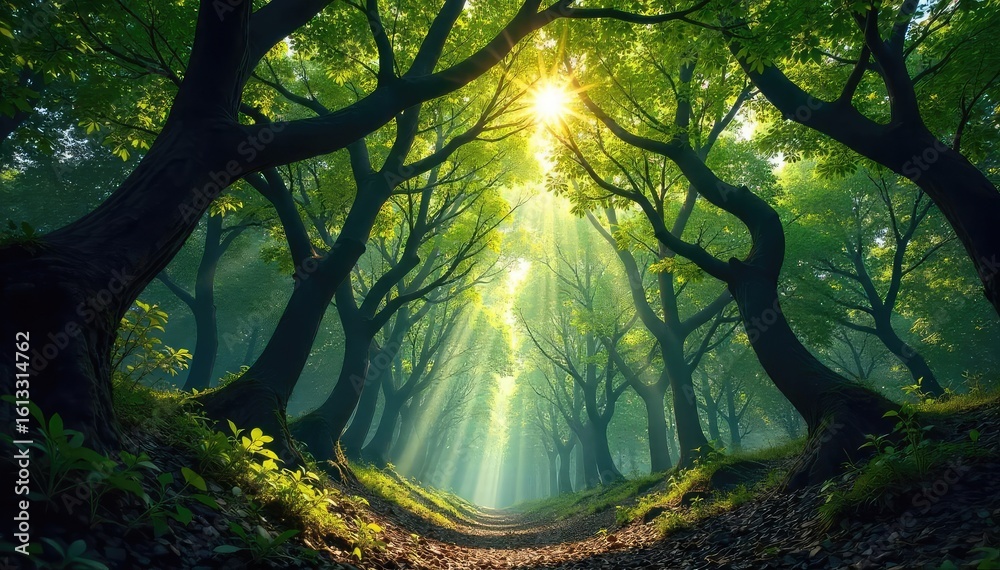 Fototapeta premium Intricate network of dark brown forest branches reaching towards the sky, sunlight dappling through the leaves Perfect for nature, woodland, or fantasy themes , leaf, aerial, sunlight