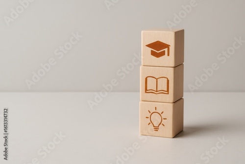 Wooden blocks stacked with education symbols representing learning and ideas