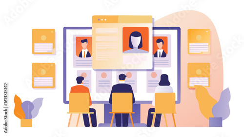 Team reviewing candidate profiles on a large screen during the hiring process in an office setting