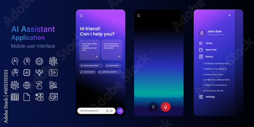 AI assistant chat bot user interface set mobile app application dark theme user interface of artificial intelligence large language model menu and history
