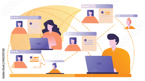 People connecting through online video calls and working remotely on laptops in a virtual environment