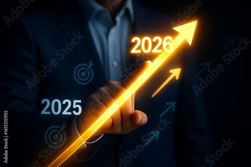 Business growth projection for 2025 and 2026 with glowing arrow, financial success, upward trend, investment strategy, and market forecast