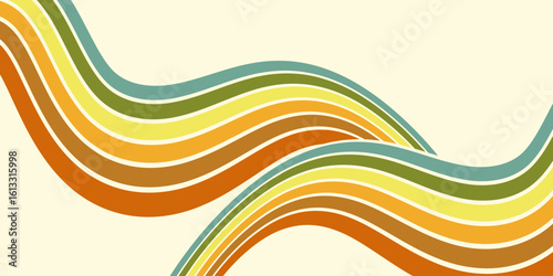 Abstract colorful 70s background vector. Vintage retro wallpaper with rainbow stripes and wavy lines. A 1970 color illustration suitable for posters, banners, decorative items and wall art.