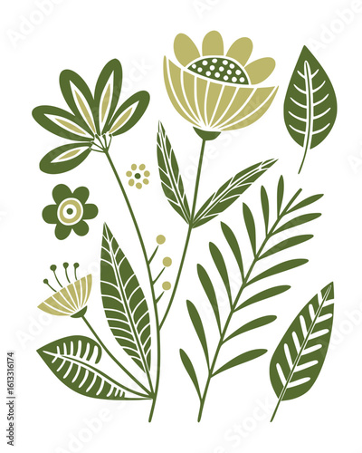 Modern Botanical Illustration – Flat Folk Art Floral and Leaf Vector in Green and Beige Tones