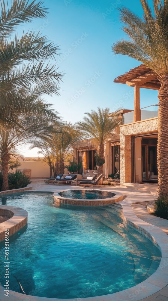 Fototapeta premium Opulent Desert Oasis: Serene Swimming Pool, Hot Tub, and Stone Villa with Palm Trees
