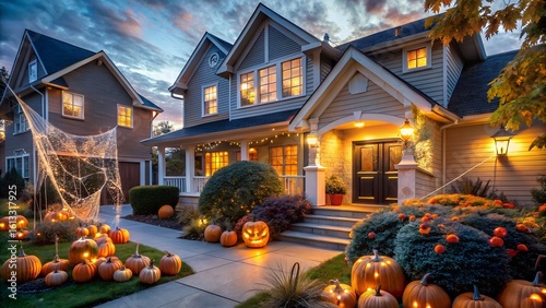 A row of suburban houses decorated for halloween with pumpkins and spiderwebs, illuminated by warm evening lights