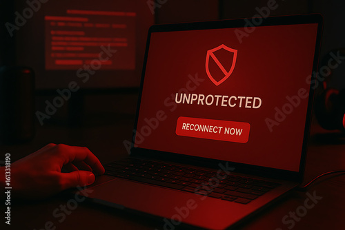 Laptop Screen Displaying Red Unprotected Alert with Reconnect Now Button