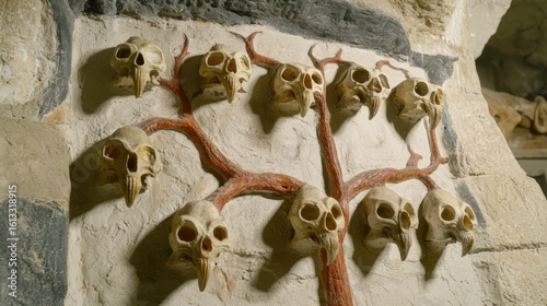 Evolutionary tree with twelve branches ending in anteater skulls against cave art.