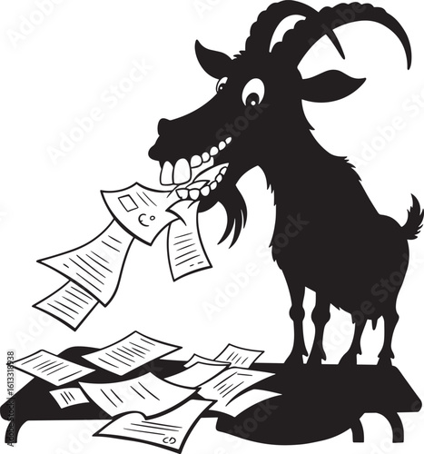 Goat eating papers in a funny silhouette
