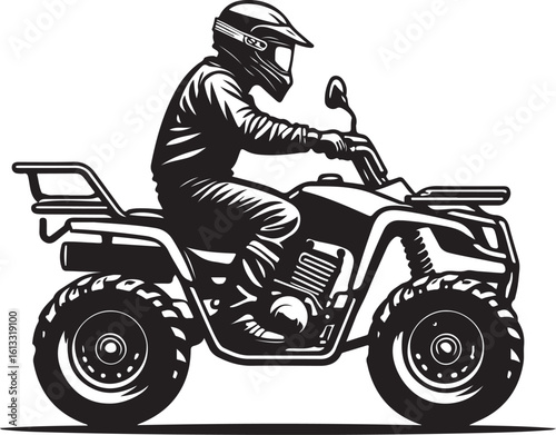 Black silhouette of a person riding a quad bike rider helmet