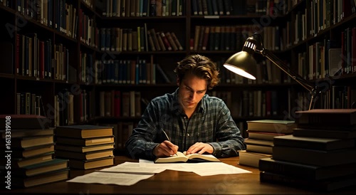 A young man sits focused in a dimly lit library, surrounded by books and studying