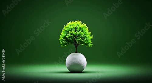 A small, vibrant green tree sits atop a white sphere against a deep green background
