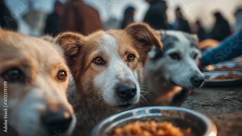 Volunteers Feeding Stray Dogs at Animal Shelter During Winter