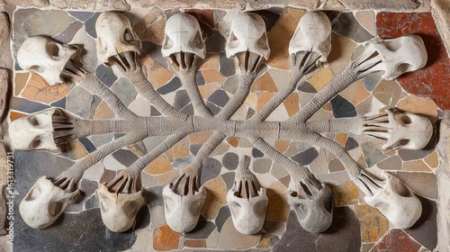 Evolutionary tree with twelve branches ending in anteater skulls against cave art.
