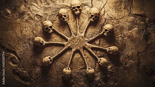 Evolutionary tree with twelve branches ending in anteater skulls against cave art.