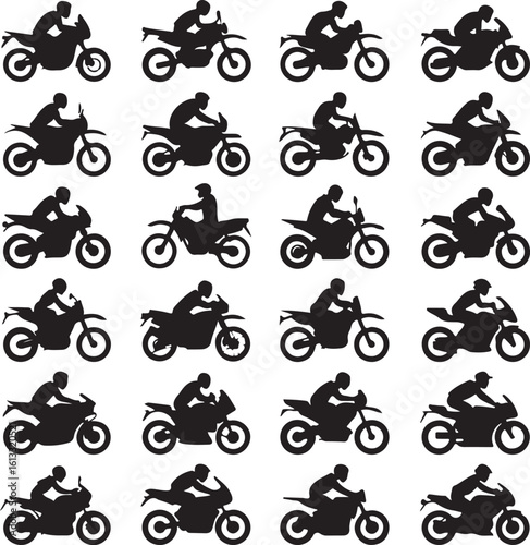 Black silhouettes of motorcyclists on various bikes motorcycle rider