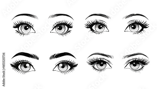 Vector set beautiful female eyes with long black eyelashes and brows close up.