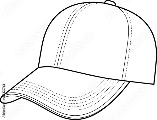 Baseball Cap Line Art, Front and Side View, Fashion Accessory Template, CAD Drawing, Flat Sketch, Vector Illustration, Apparel Design