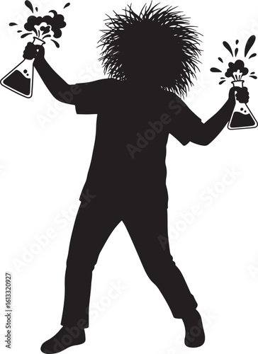Mad scientist silhouette with bubbling beakers silhouette