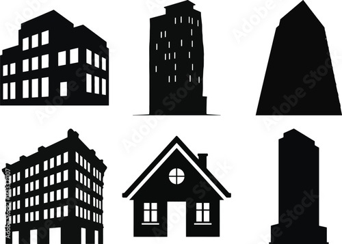 Building silhouette vector set with different residential and commercial building icons for urban and architecture design.