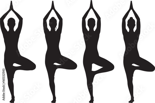 Four women performing tree pose yoga silhouette