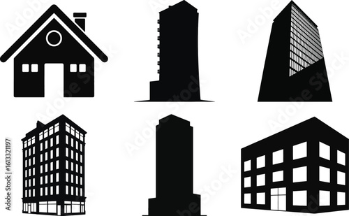 Building silhouette vector collection featuring various house and skyscraper shapes for city and real estate concepts.