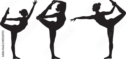 Three women performing yoga dancer pose silhouette