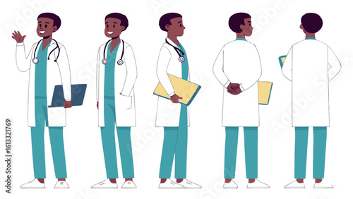 African doctor in white coat and blue scrubs waving holding folder male