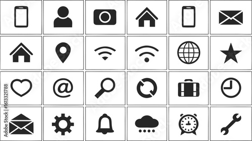 Collection of twenty four black and white icons graphic