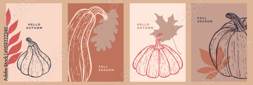 Set of trendy autumn poster in minimal style with pumpkins and leaves. Templates for branding, banner, social media, cover, card