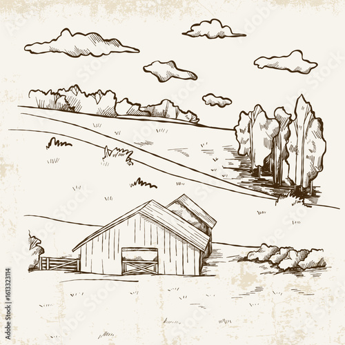 Hand-drawn landscape in vintage style with a wooden house, hills and trees on a light background with texture.