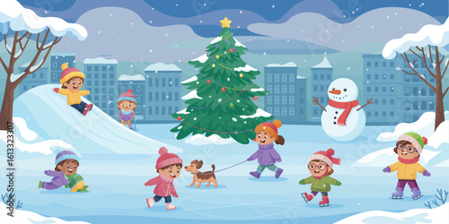 Winter Fun Cartoon Vector Background with Children Playing Outdoors – Dog, Snowman, Sledding, Snowball Fight, Skiing, and Skating in a Snowy Park Setting