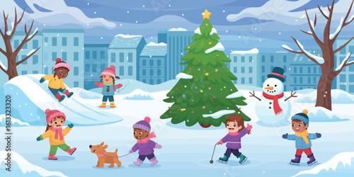 Winter Fun Cartoon Vector Background with Children Playing Outdoors – Dog, Snowman, Sledding, Snowball Fight, Skiing, and Skating in a Snowy Park Setting