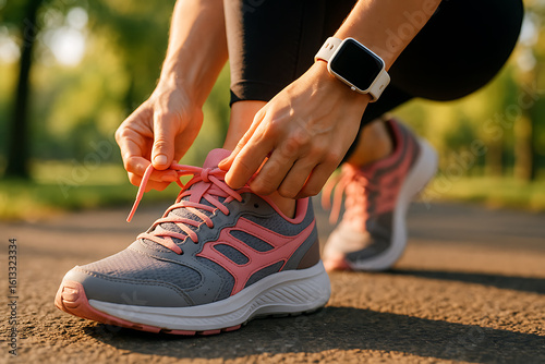 Fototapeta Naklejka Na Ścianę i Meble -  Woman tying running shoes with smartwatch, fitness, exercise, healthy lifestyle, outdoor activity, and sports motivation in the morning