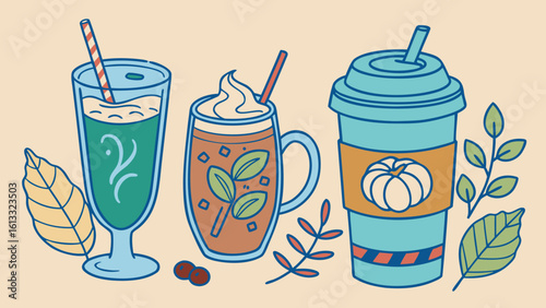 Three colorful autumn drinks with leaves and berries fall beverages hot drinks