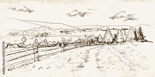 Hand-drawn monochrome landscape in vintage style with pasture, cattle fence, hills and trees on a light background with texture.