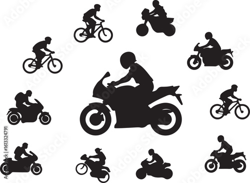 Black silhouettes of cyclists and motorcyclists bicyclist motorcycle