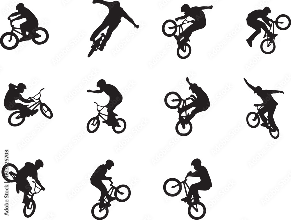 Naklejka premium Black silhouettes of cyclists performing bicycle stunts bicycles
