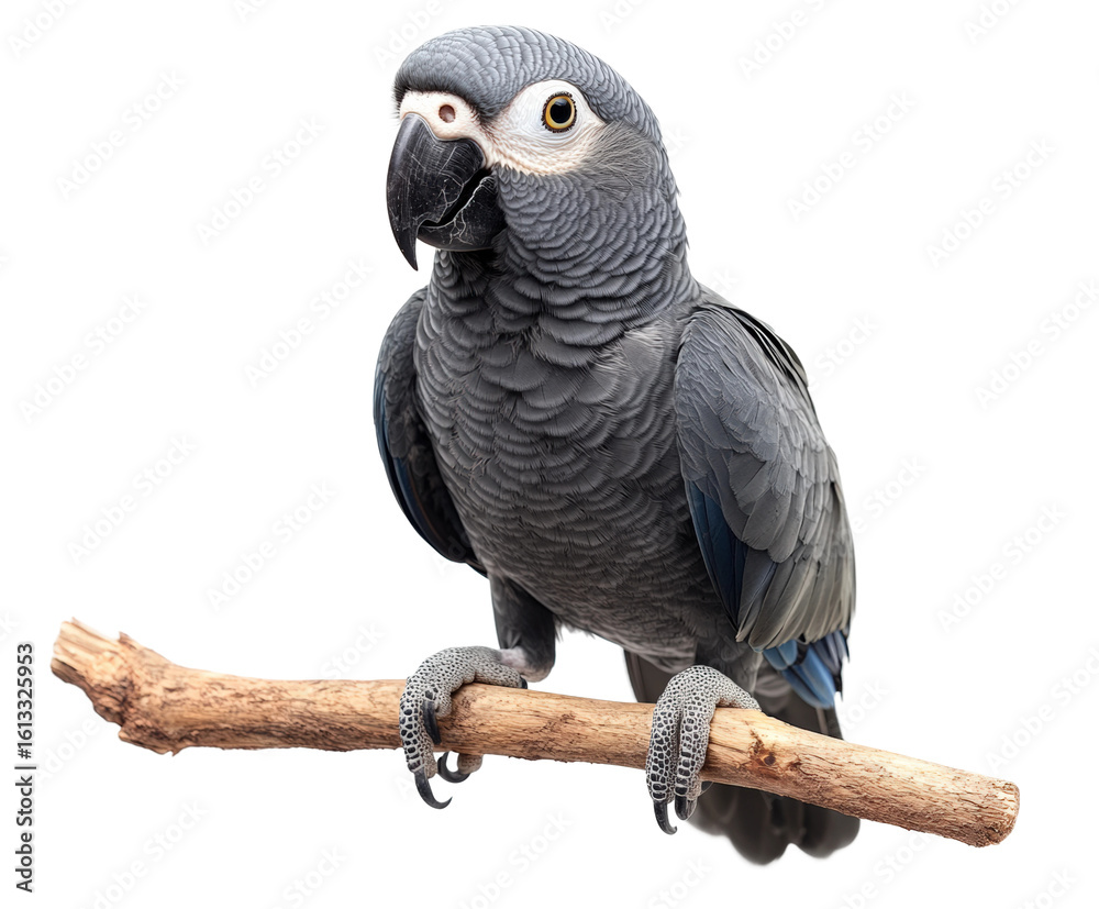 Fototapeta premium Gray parrot perched on branch animal isolated on transparent background, png