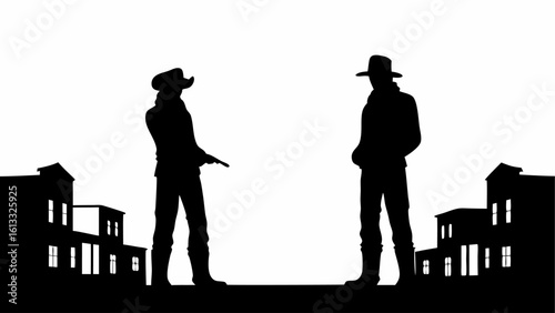 Silhouette of two cowboys facing off in a western town with buildings in the background in black and white | editable eps vectors