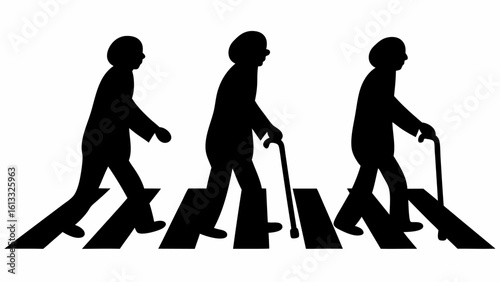 Silhouetted figures crossing a street on a zebra crossing with walking sticks in black and white style | editable eps vectors
