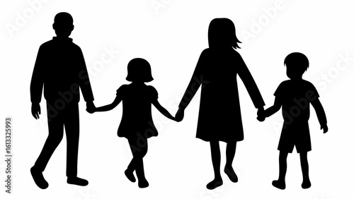 Silhouette of a family holding hands including a father mother daughter and son walking together happily | editable eps vectors