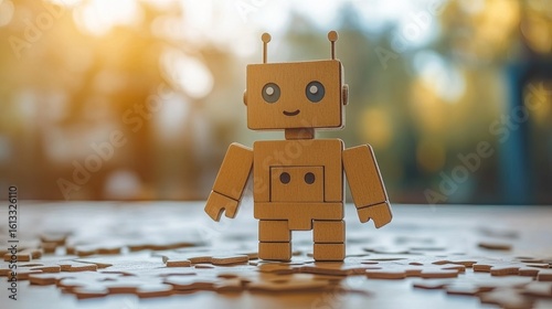 A charming wooden robot stands amidst scattered puzzle pieces with bokeh backdrop