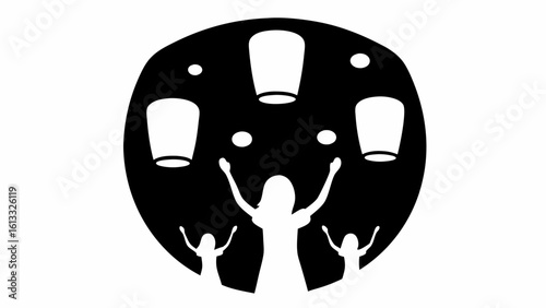Silhouette of people releasing sky lanterns into the night sky in a black and white graphic design | editable eps vectors