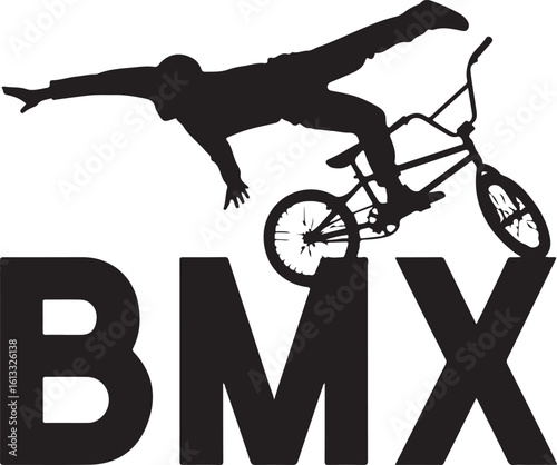Black silhouette bmx rider performing trick over bicycle letters vector