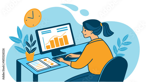 Young woman working on computer displaying financial chart with plants and clock desk graph