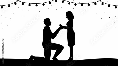 Silhouette of man proposing to woman under string lights creating a romantic atmosphere scene design | editable eps vectors